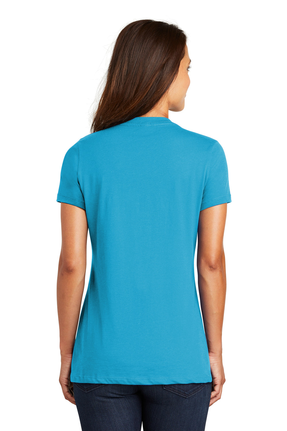 District DM1170L Womens Perfect Weight Short Sleeve V-Neck T-Shirt Bright Turquoise Blue Model Back