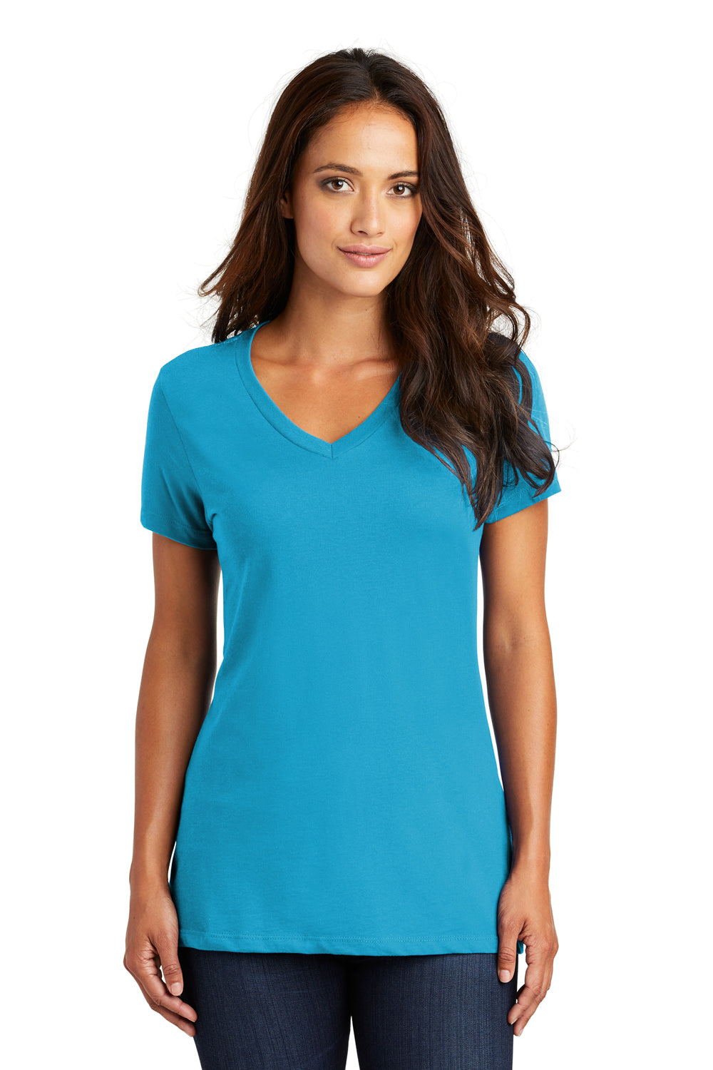 District DM1170L Womens Perfect Weight Short Sleeve V-Neck T-Shirt Bright Turquoise Blue Model Front