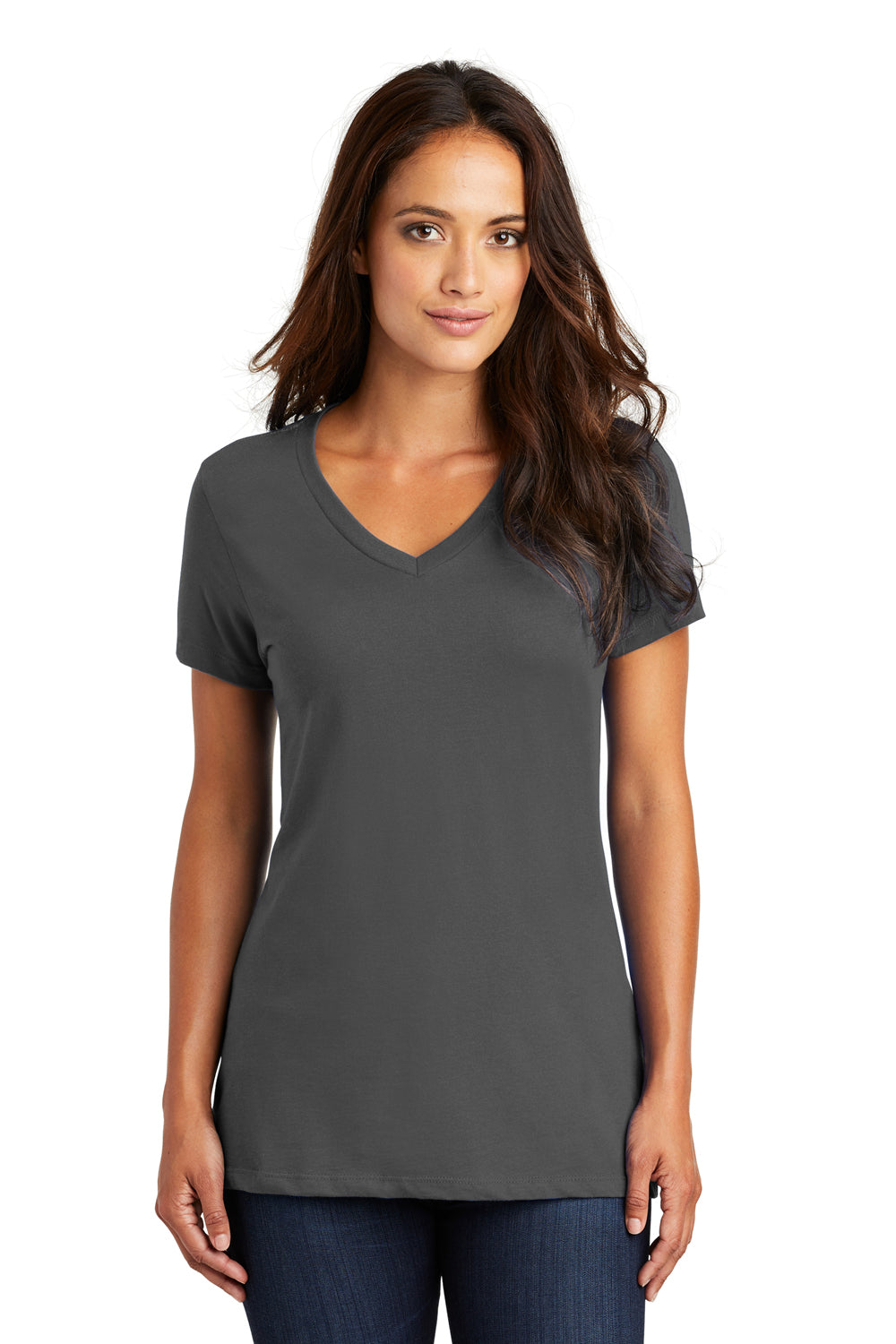 District DM1170L Womens Perfect Weight Short Sleeve V-Neck T-Shirt Charcoal Grey Model Front