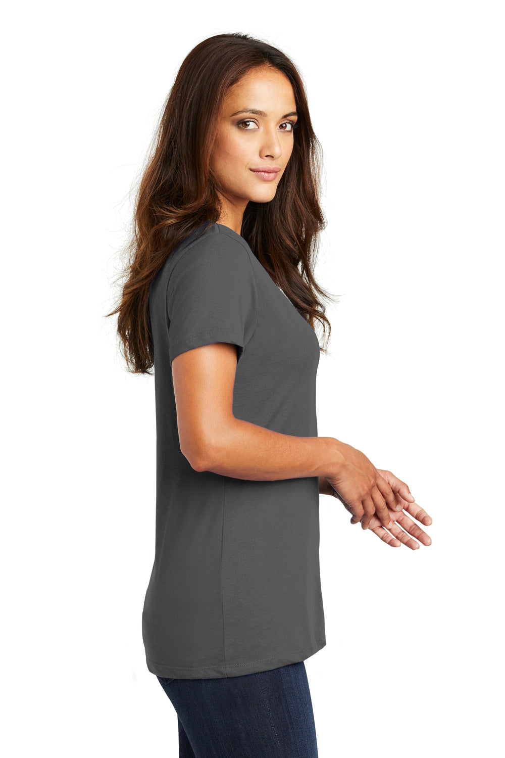 District DM1170L Womens Perfect Weight Short Sleeve V-Neck T-Shirt Charcoal Grey Model Side