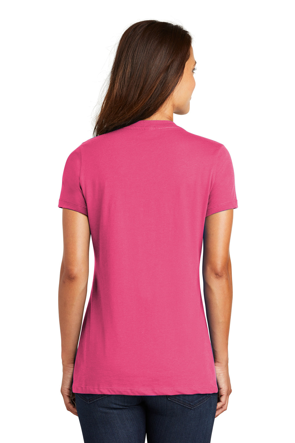 District DM1170L Womens Perfect Weight Short Sleeve V-Neck T-Shirt Dark Fuchsia Pink Model Back