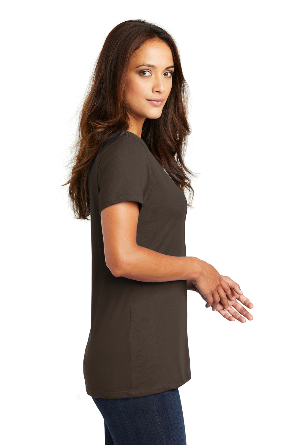 District DM1170L Womens Perfect Weight Short Sleeve V-Neck T-Shirt Espresso Brown Model Side