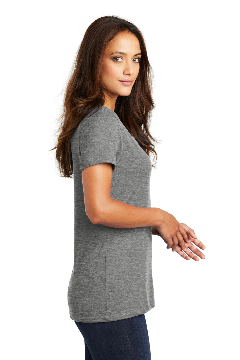 District DM1170L Womens Perfect Weight Short Sleeve V-Neck T-Shirt Heather Nickel Grey Model Side