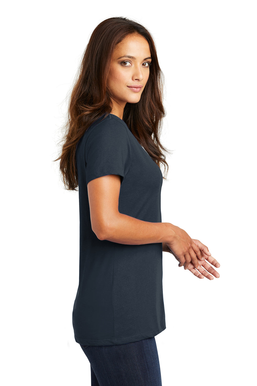 District DM1170L Womens Perfect Weight Short Sleeve V-Neck T-Shirt New Navy Blue Model Side