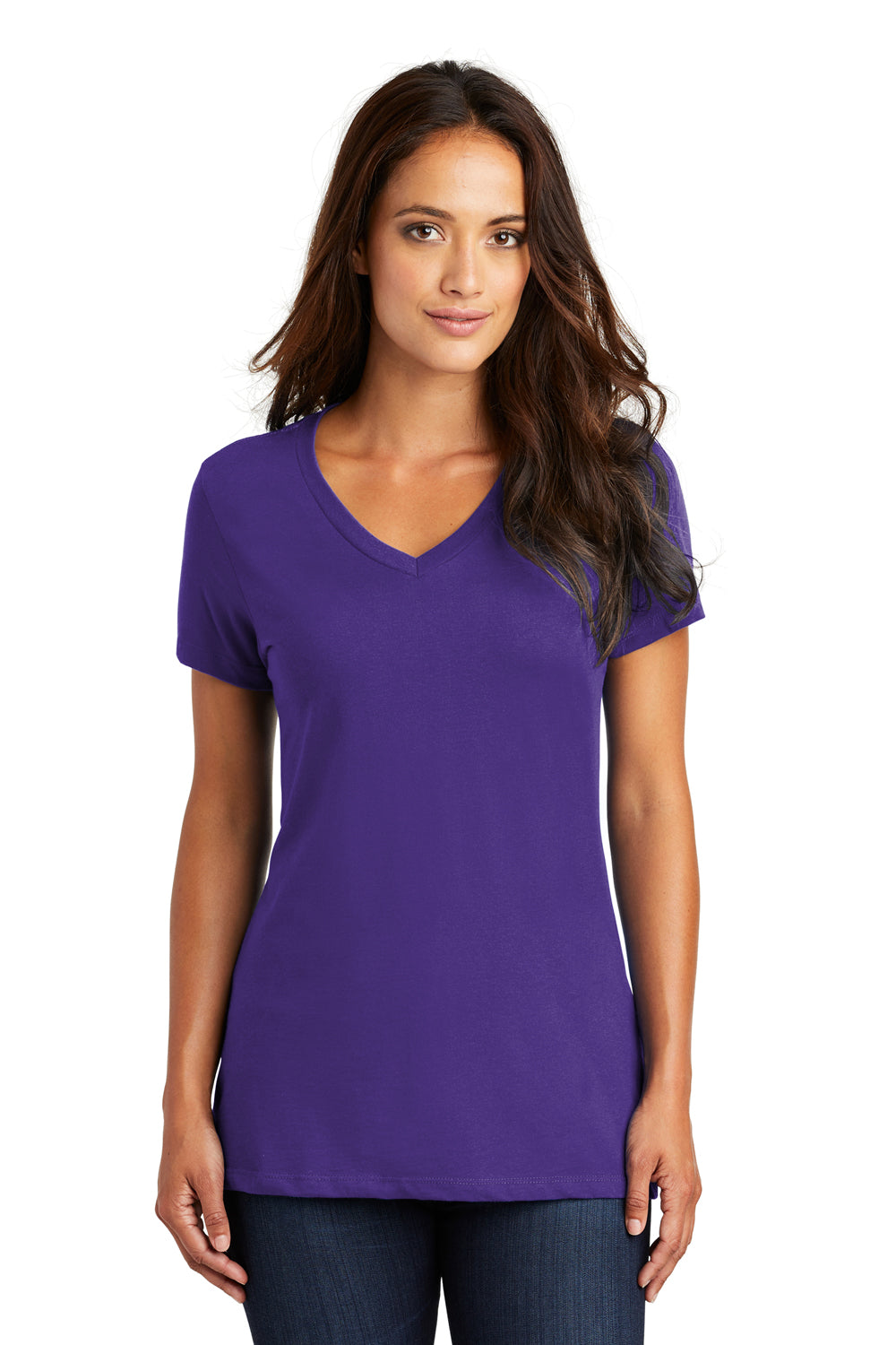 District DM1170L Womens Perfect Weight Short Sleeve V-Neck T-Shirt Purple Model Front