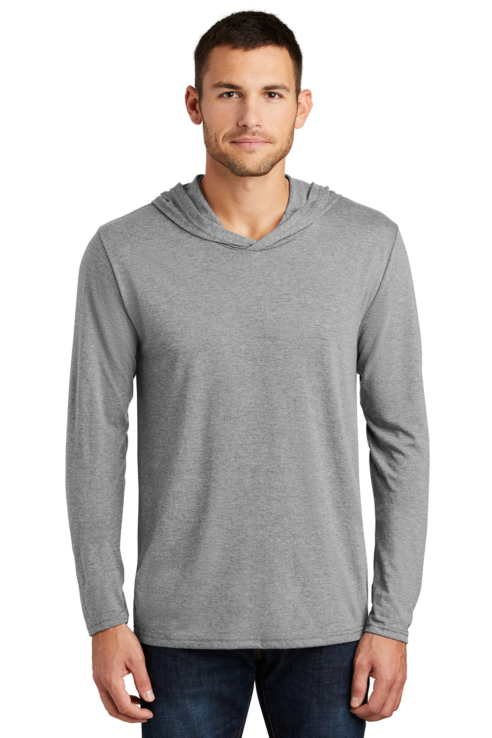 District DM139 Mens Perfect Tri Long Sleeve Hooded T-Shirt Hoodie Grey Frost Model Front