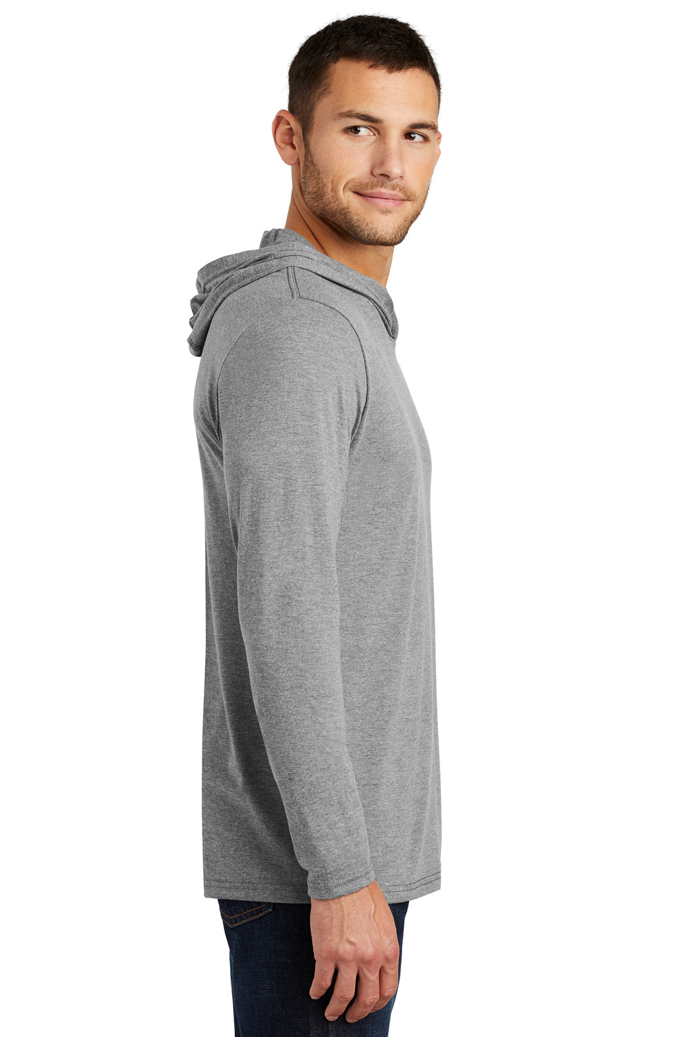 District DM139 Mens Perfect Tri Long Sleeve Hooded T-Shirt Hoodie Grey Frost Model Side