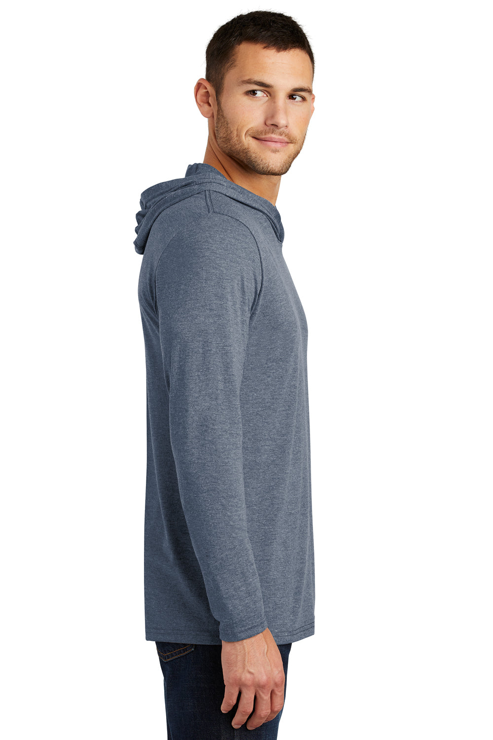 District DM139 Mens Perfect Tri Long Sleeve Hooded T-Shirt Hoodie Navy Blue Frost Model Side