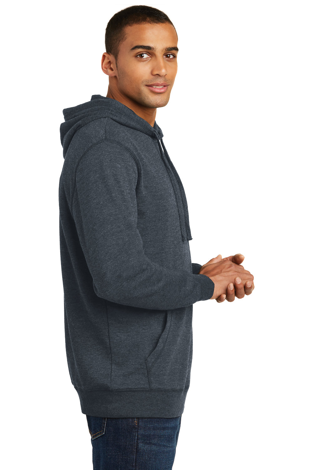 District DM391 Mens Fleece Hooded Sweatshirt Hoodie Heather Navy Blue Model Side