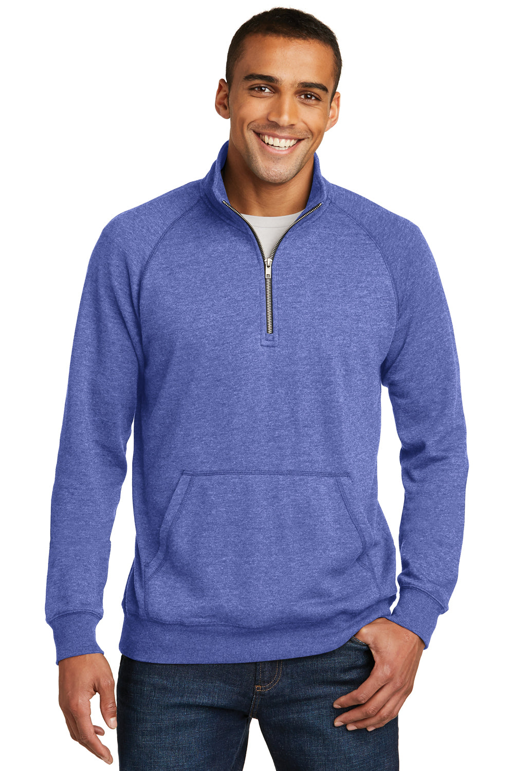 District DM392 Mens Fleece 1/4 Zip Sweatshirt Heather Deep Royal Blue Model Front