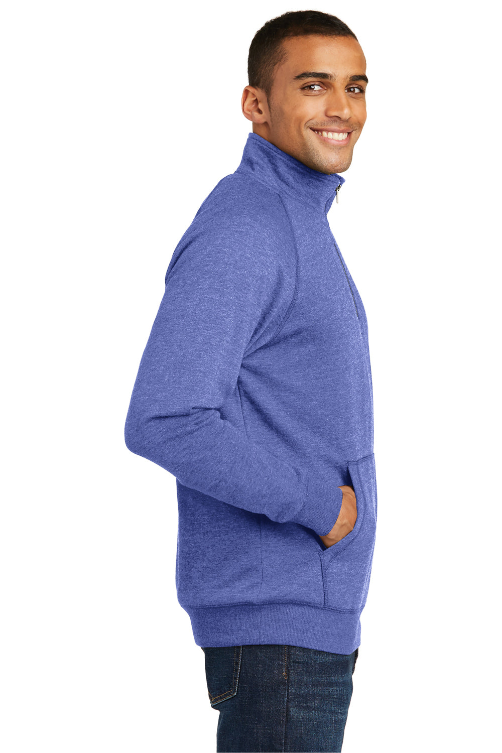 District DM392 Mens Fleece 1/4 Zip Sweatshirt Heather Deep Royal Blue Model Side