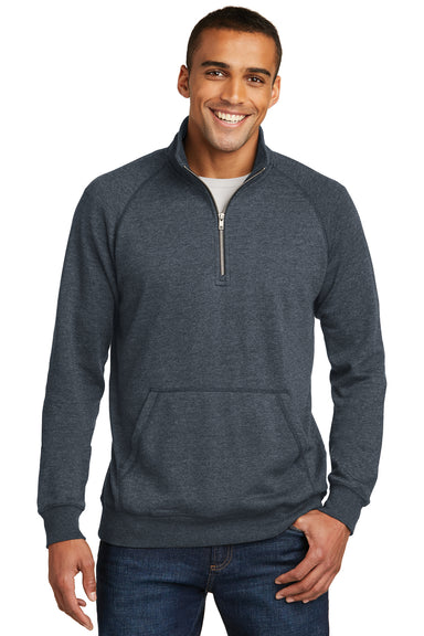 District DM392 Mens Fleece 1/4 Zip Sweatshirt Heather Navy Blue Model Front