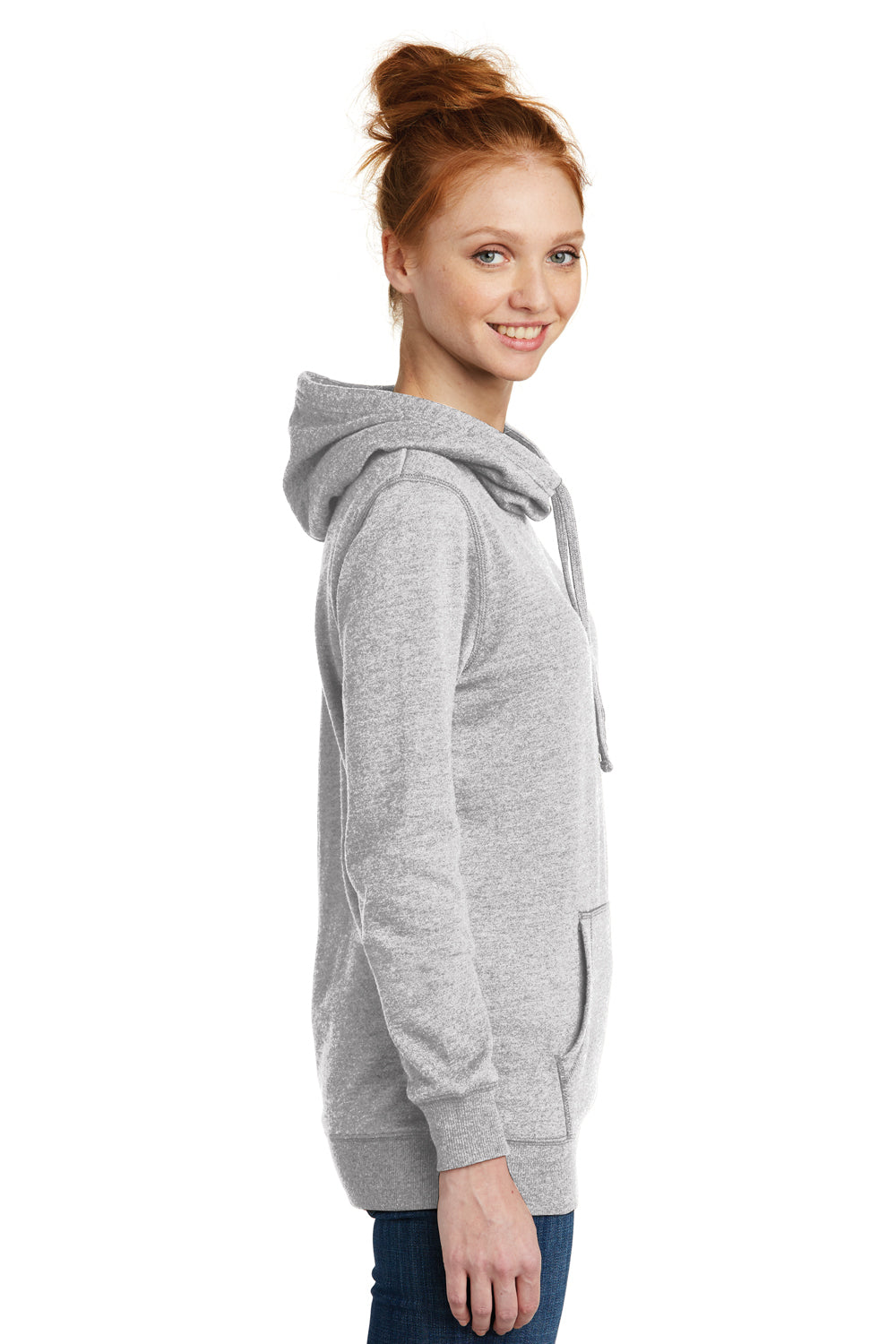 District DM493 Womens Fleece Hooded Sweatshirt Hoodie Heather Grey Model Side