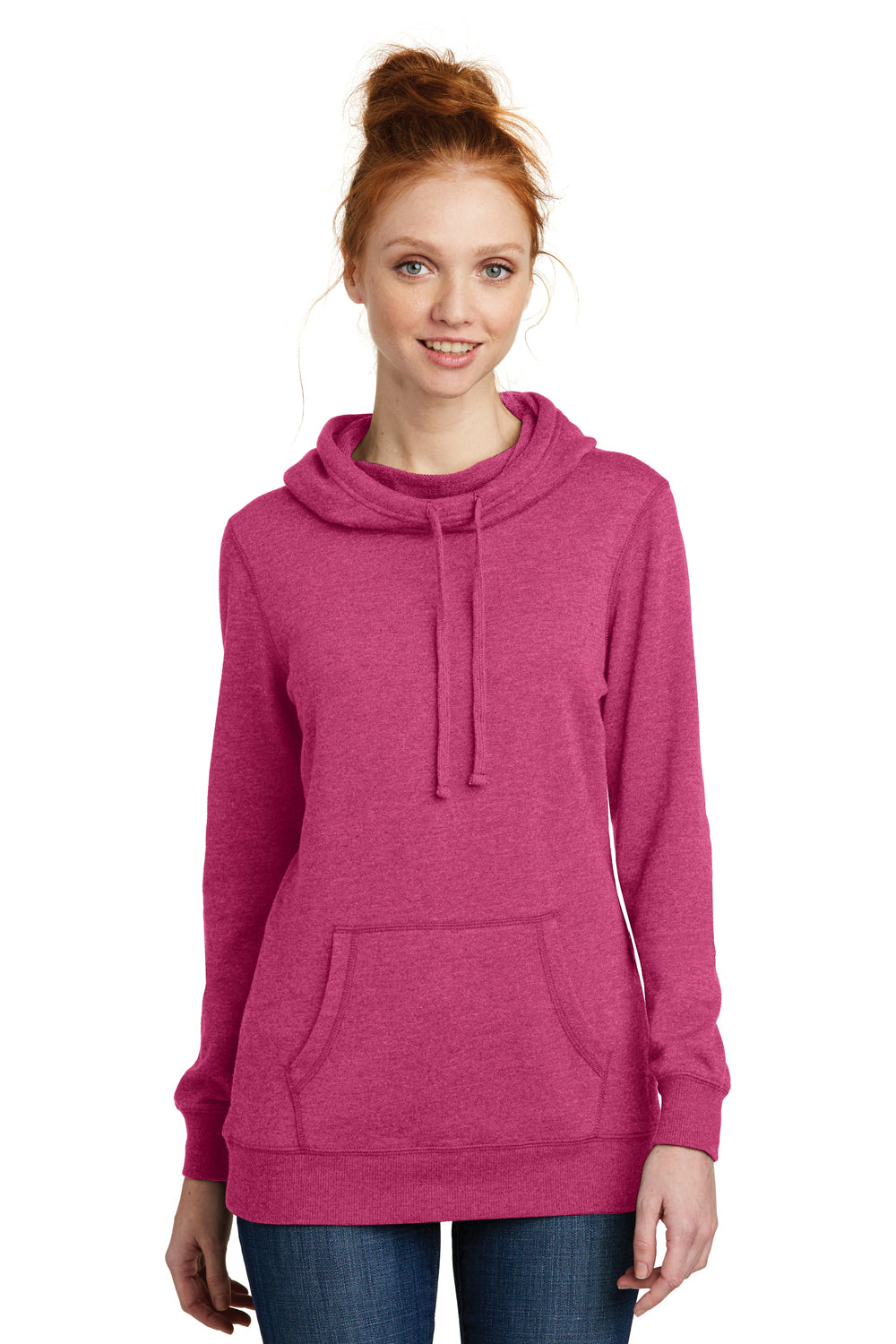 District DM493 Womens Fleece Hooded Sweatshirt Hoodie Heather Azalea Pink Model Front