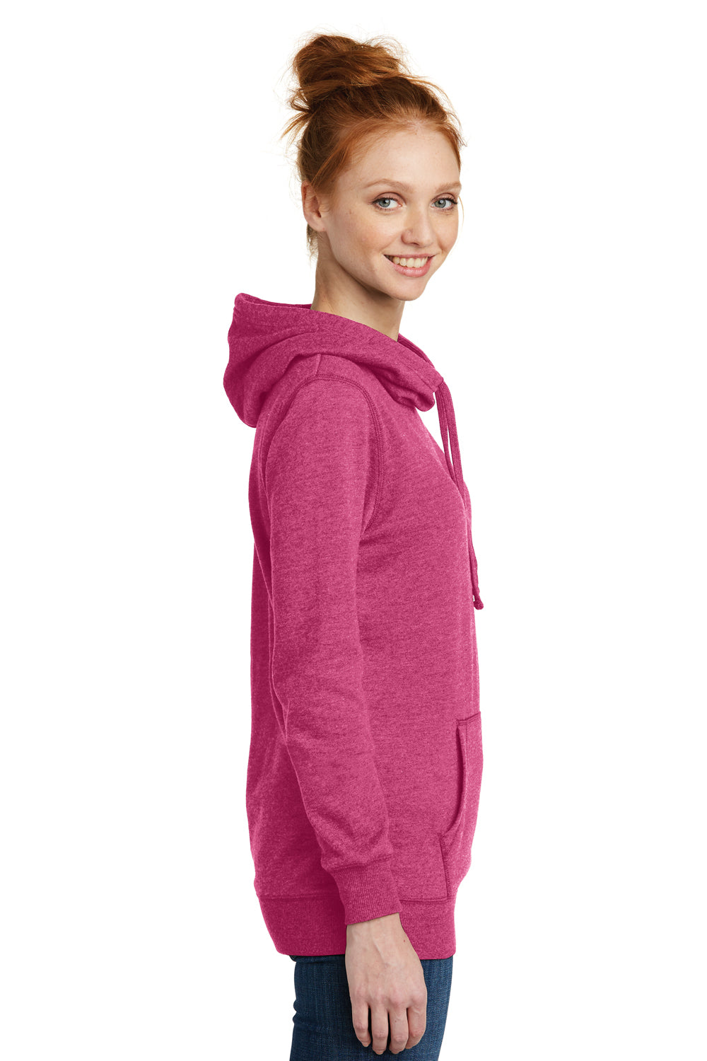 District DM493 Womens Fleece Hooded Sweatshirt Hoodie Heather Azalea Pink Model Side