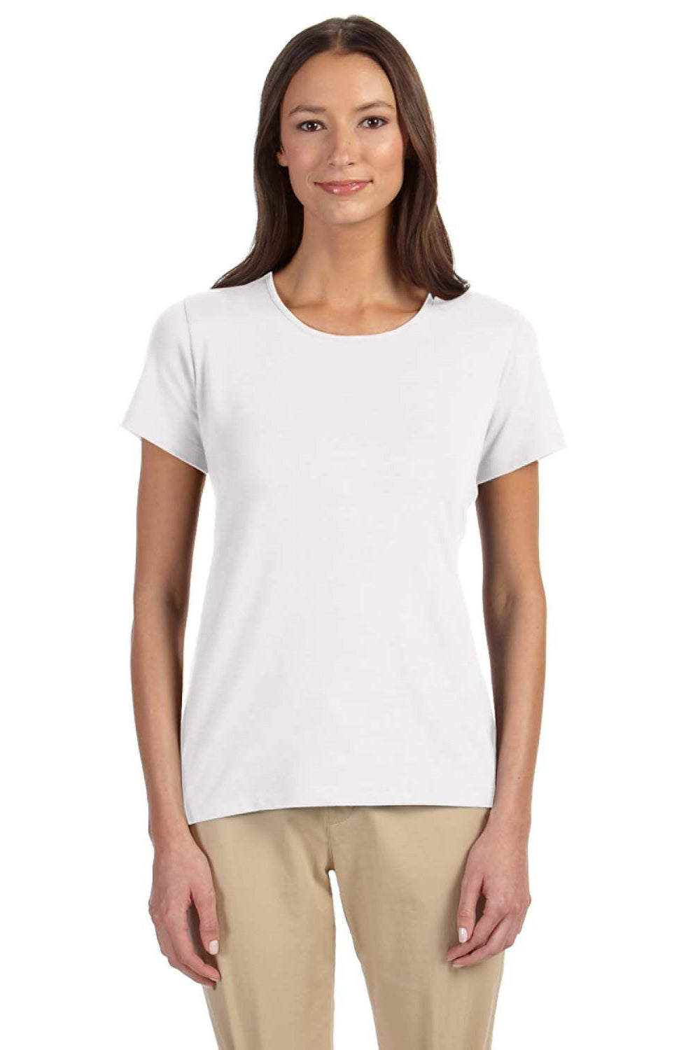 Devon & Jones DP182W Womens Perfect Fit Short Sleeve Crewneck T-Shirt White Model Front