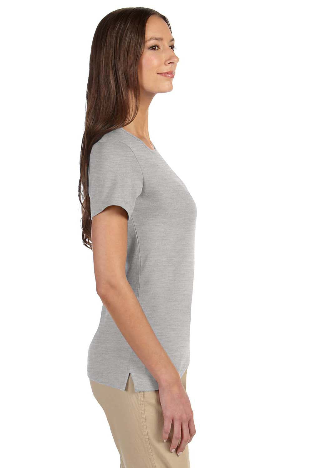 Devon & Jones DP182W Womens Perfect Fit Short Sleeve Crewneck T-Shirt Heather Grey Model Side