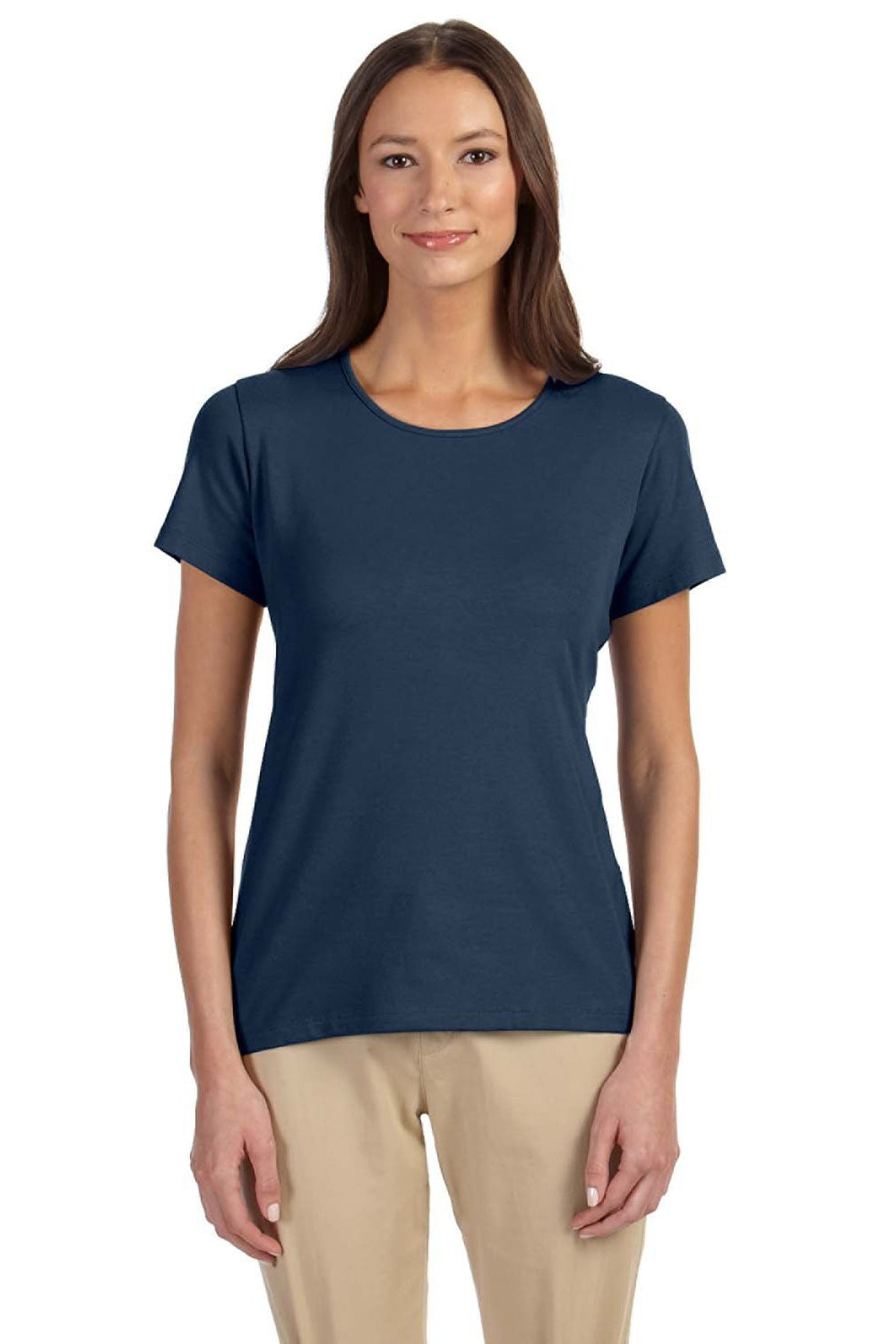 Devon & Jones DP182W Womens Perfect Fit Short Sleeve Crewneck T-Shirt Navy Blue Model Front