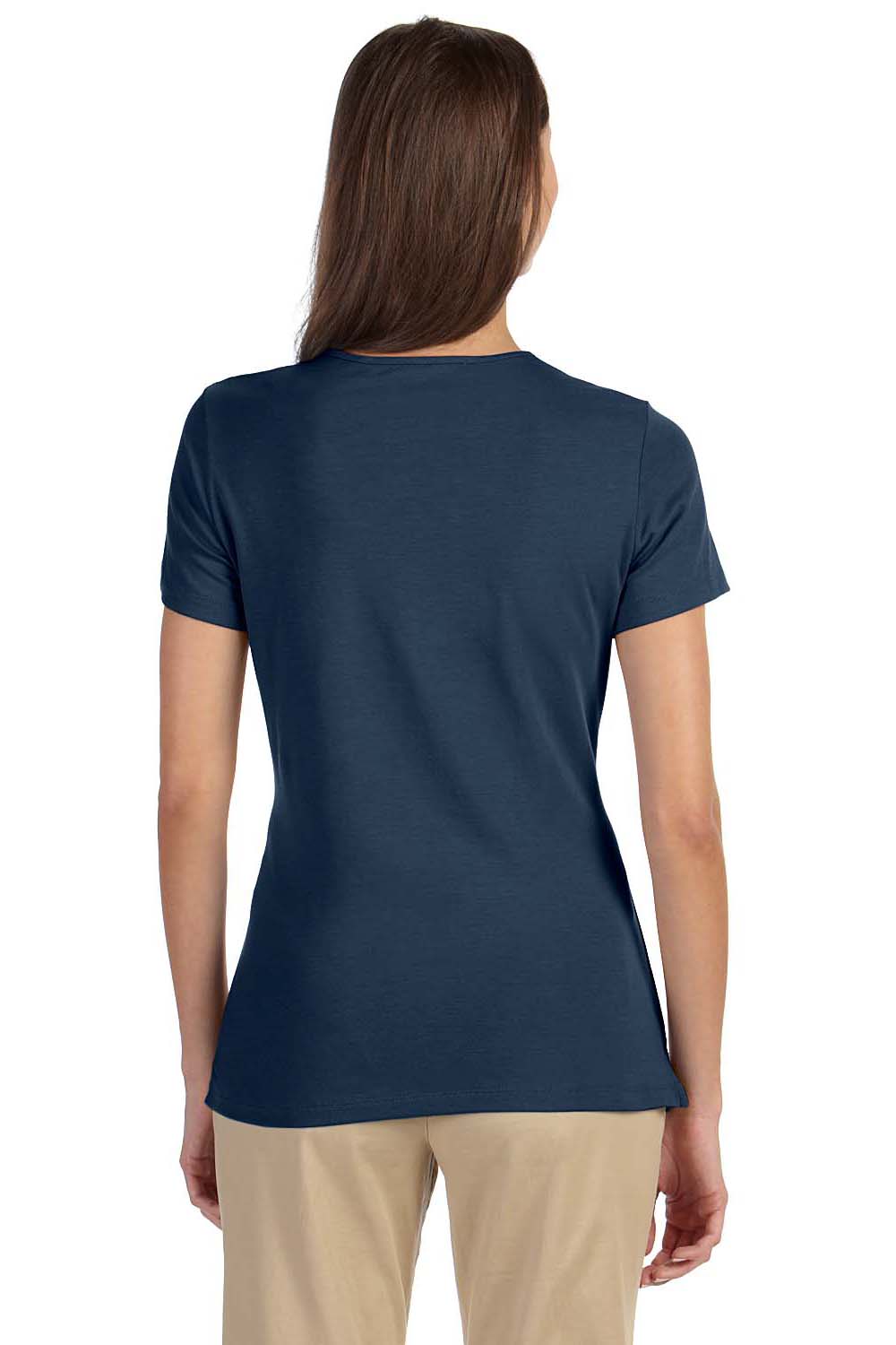 Devon & Jones DP182W Womens Perfect Fit Short Sleeve Crewneck T-Shirt Navy Blue Model Back