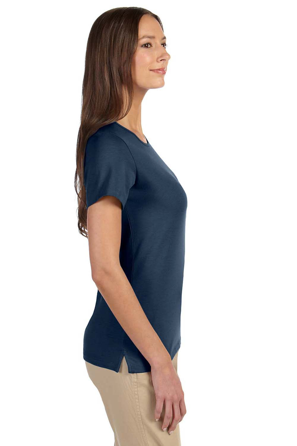 Devon & Jones DP182W Womens Perfect Fit Short Sleeve Crewneck T-Shirt Navy Blue Model Side