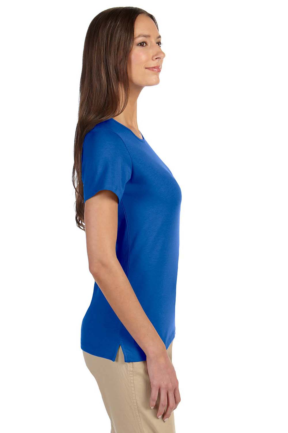 Devon & Jones DP182W Womens Perfect Fit Short Sleeve Crewneck T-Shirt French Blue Model Side