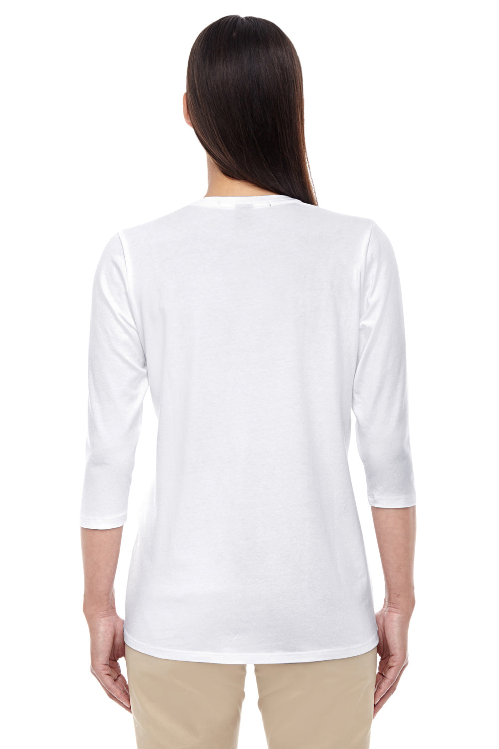 Devon & Jones DP184W Womens Perfect Fit 3/4 Sleeve V-Neck T-Shirt White Model Back