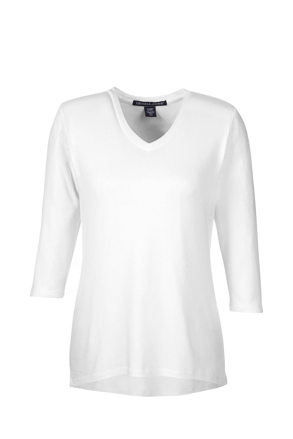 Devon & Jones DP184W Womens Perfect Fit 3/4 Sleeve V-Neck T-Shirt White Flat Front