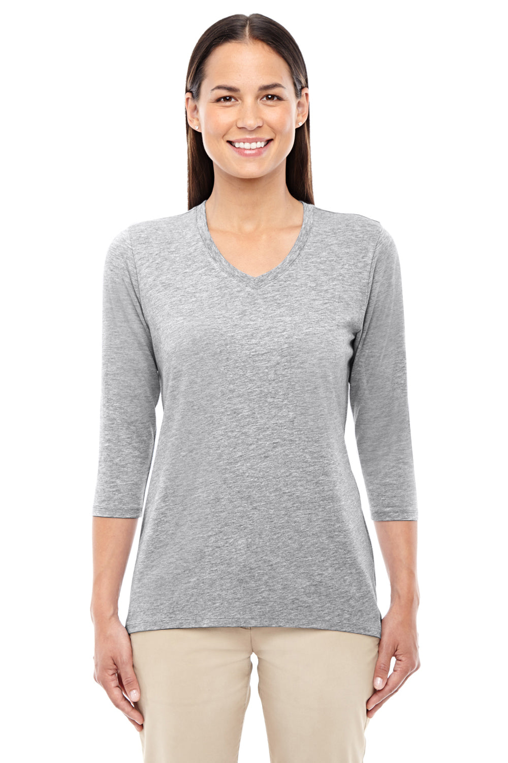 Devon & Jones DP184W Womens Perfect Fit 3/4 Sleeve V-Neck T-Shirt Heather Grey Model Front