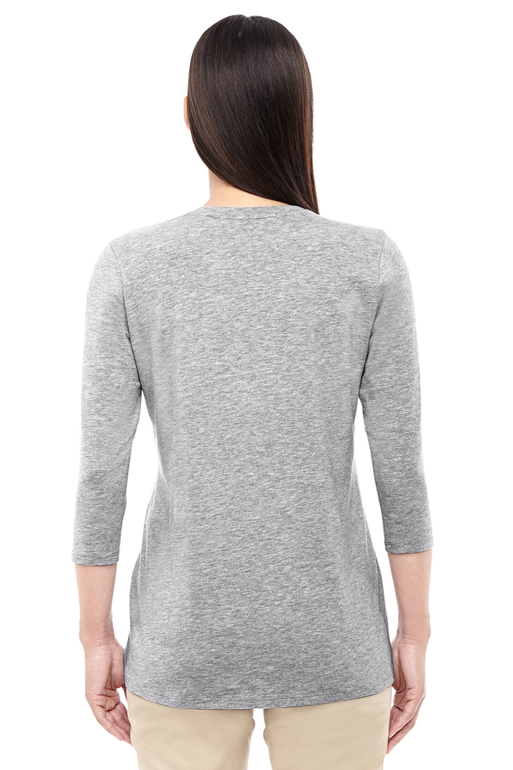 Devon & Jones DP184W Womens Perfect Fit 3/4 Sleeve V-Neck T-Shirt Heather Grey Model Back