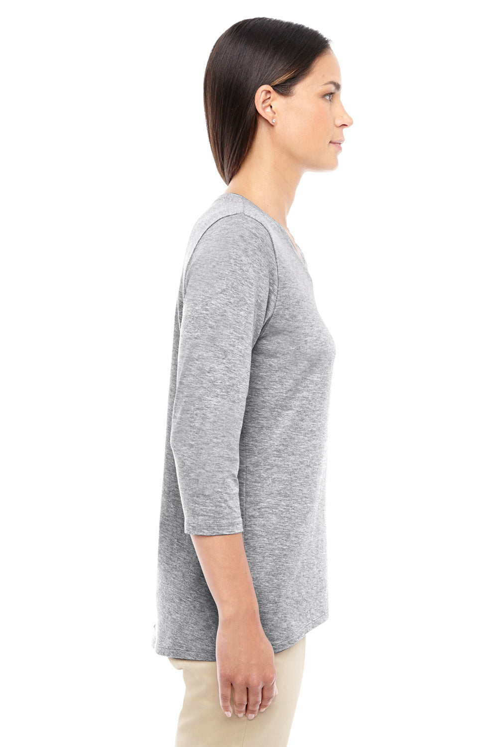 Devon & Jones DP184W Womens Perfect Fit 3/4 Sleeve V-Neck T-Shirt Heather Grey Model Side