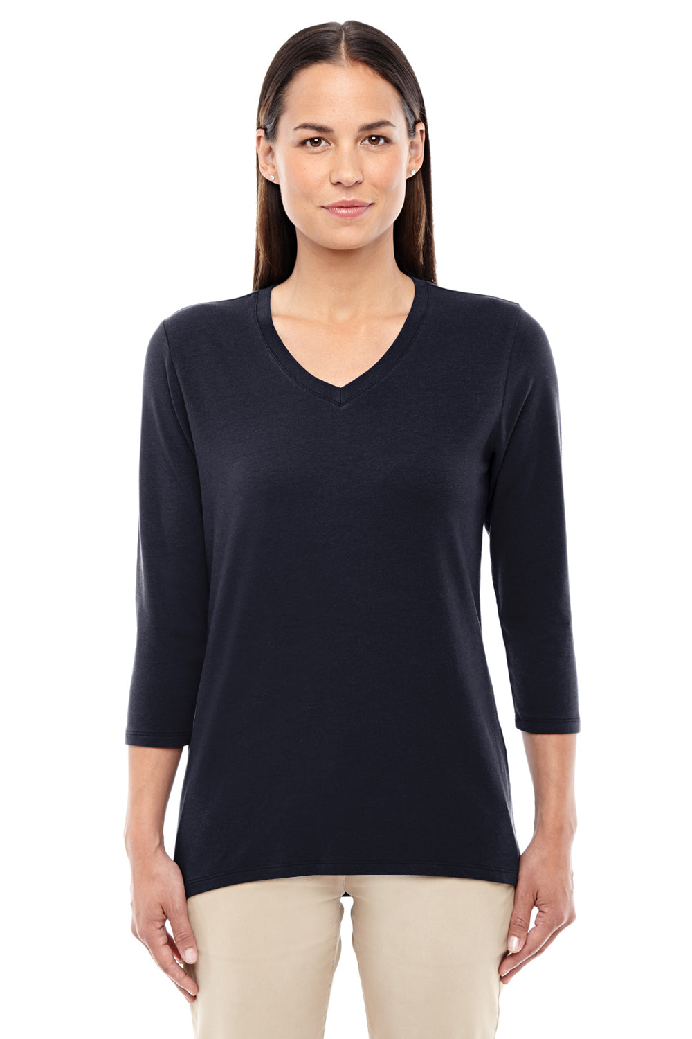 Devon & Jones DP184W Womens Perfect Fit 3/4 Sleeve V-Neck T-Shirt Black Model Front