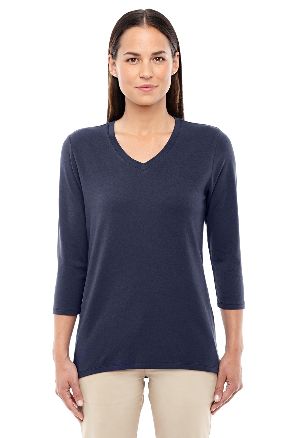 Devon & Jones DP184W Womens Perfect Fit 3/4 Sleeve V-Neck T-Shirt Navy Blue Model Front