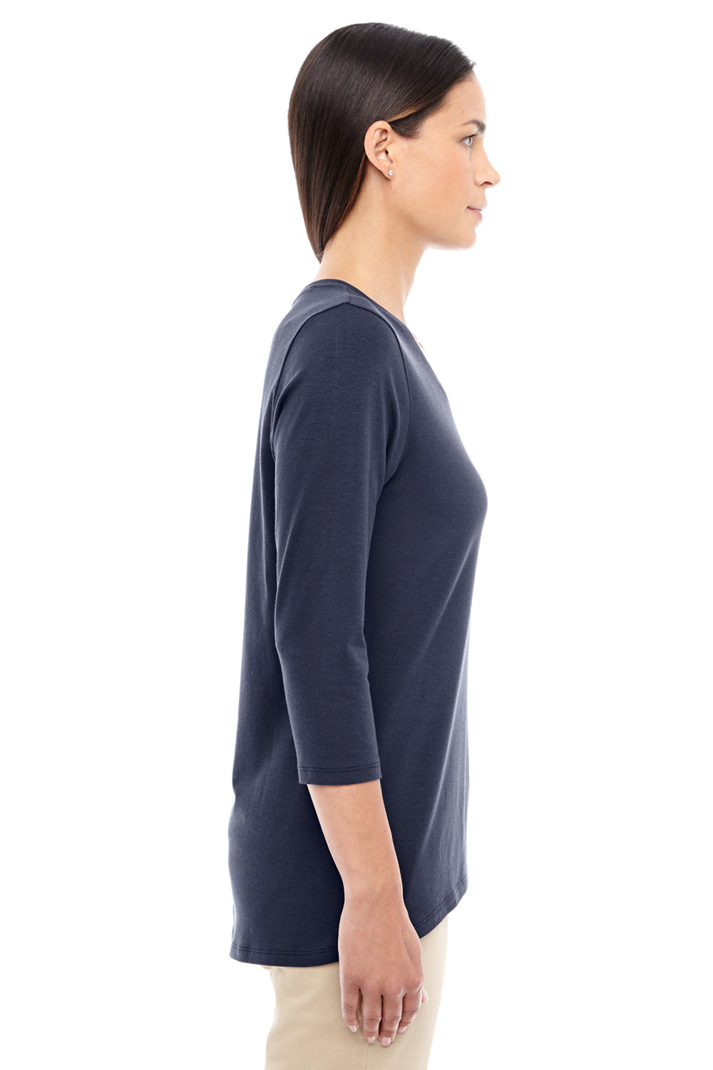 Devon & Jones DP184W Womens Perfect Fit 3/4 Sleeve V-Neck T-Shirt Navy Blue Model Side