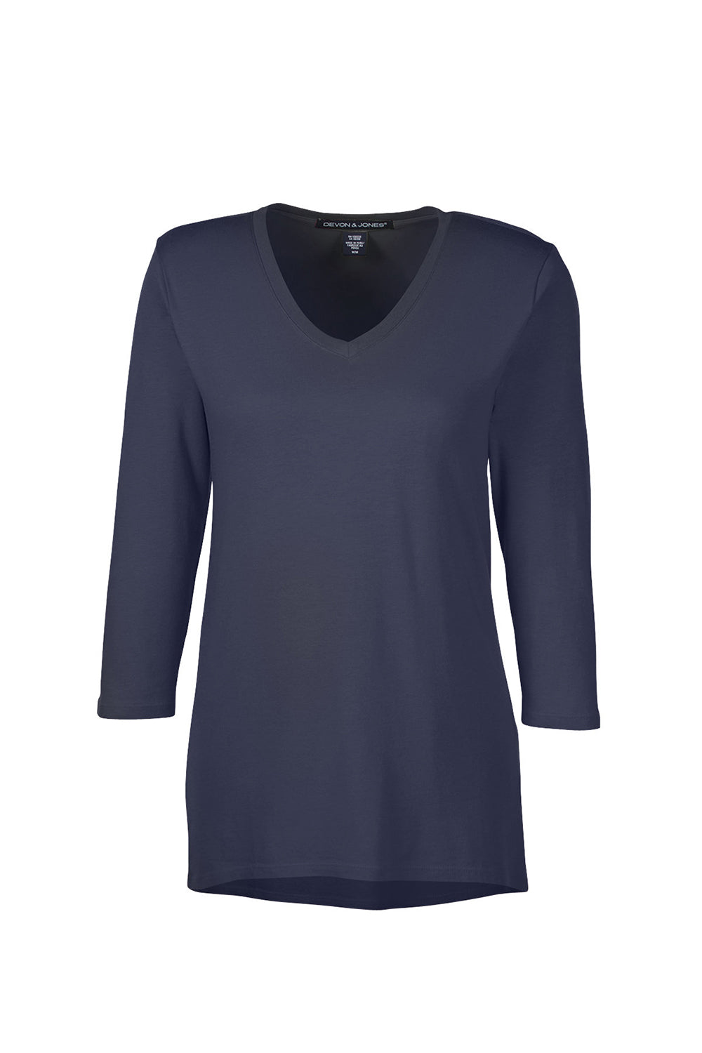 Devon & Jones DP184W Womens Perfect Fit 3/4 Sleeve V-Neck T-Shirt Navy Blue Flat Front