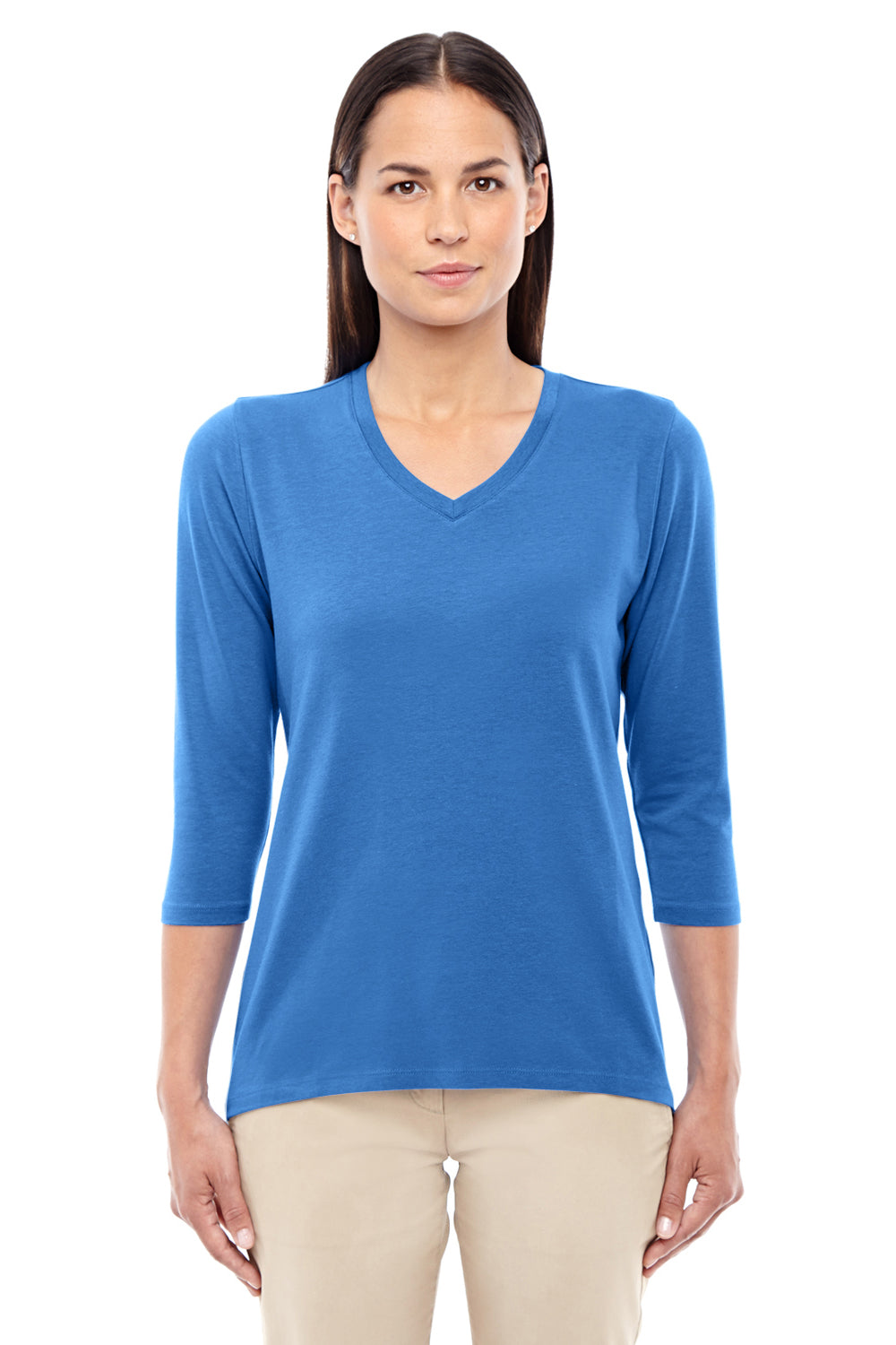 Devon & Jones DP184W Womens Perfect Fit 3/4 Sleeve V-Neck T-Shirt French Blue Model Front