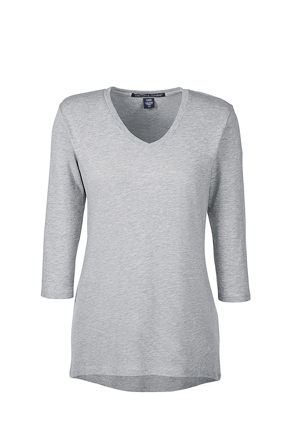 Devon & Jones DP184W Womens Perfect Fit 3/4 Sleeve V-Neck T-Shirt Heather Grey Flat Front