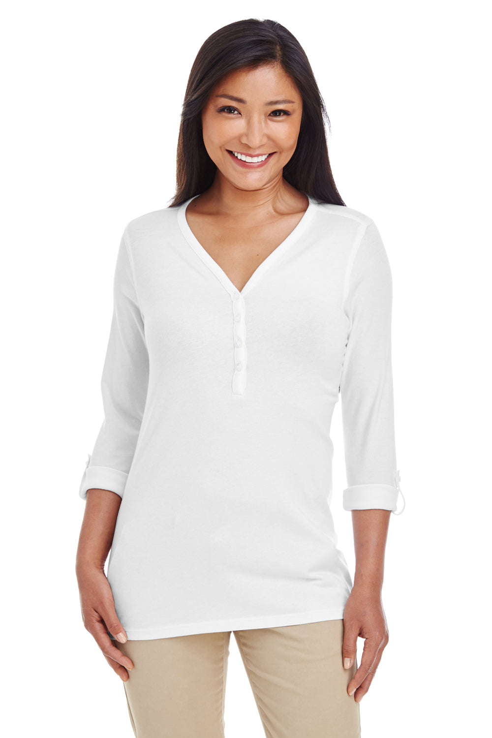 Devon & Jones DP186W Womens Perfect Fit Long Sleeve V-Neck T-Shirt White Model Front