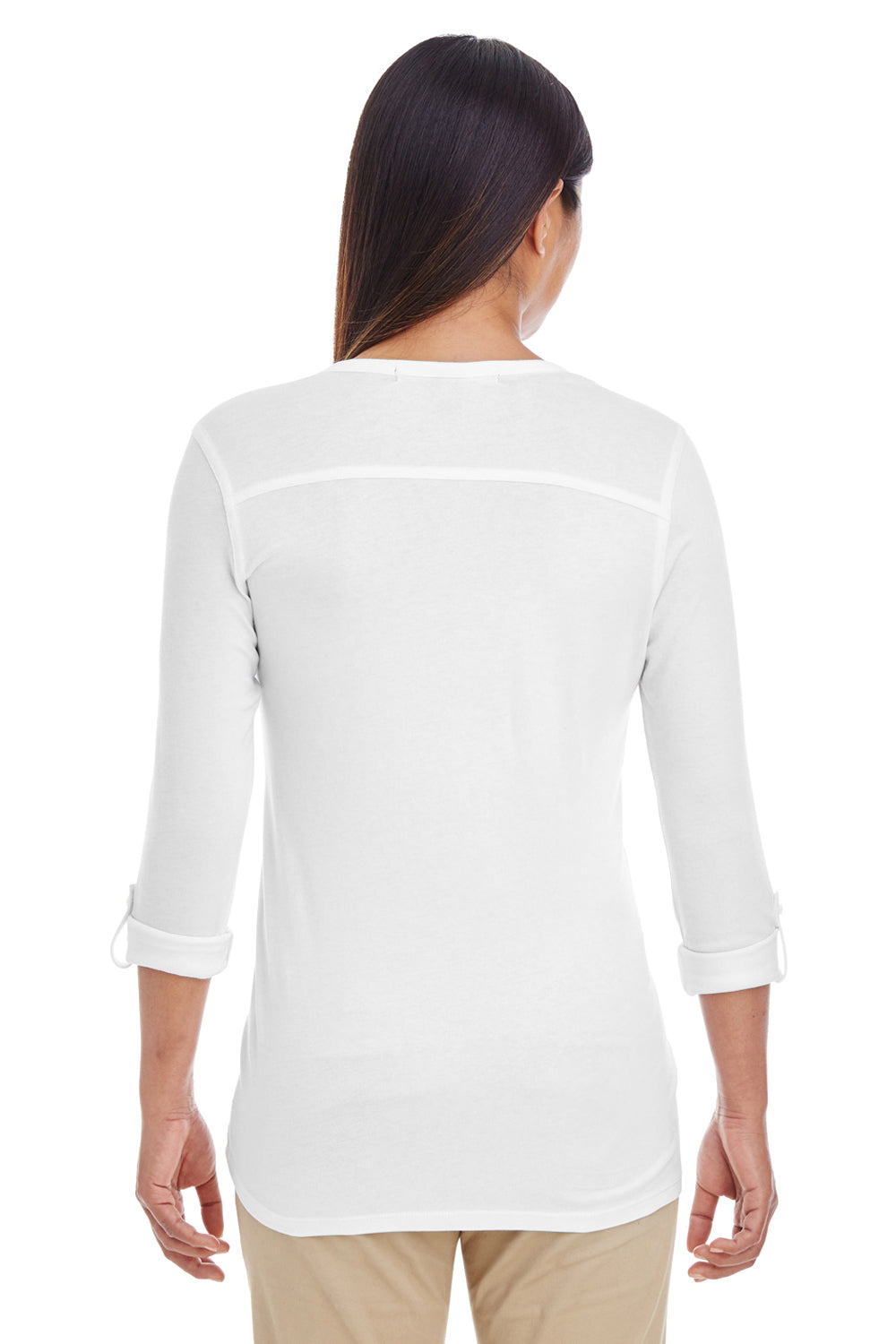 Devon & Jones DP186W Womens Perfect Fit Long Sleeve V-Neck T-Shirt White Model Back