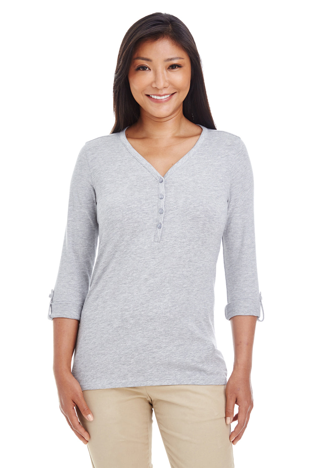 Devon & Jones DP186W Womens Perfect Fit Long Sleeve V-Neck T-Shirt Heather Grey Model Front