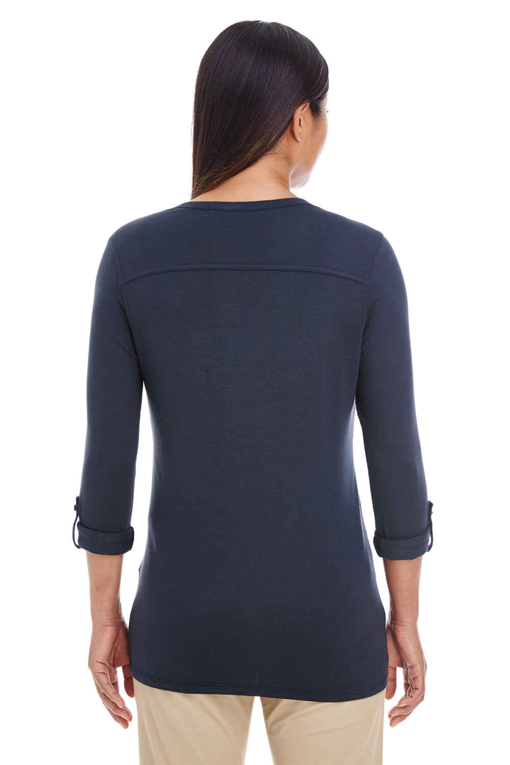 Devon & Jones DP186W Womens Perfect Fit Long Sleeve V-Neck T-Shirt Navy Blue Model Back