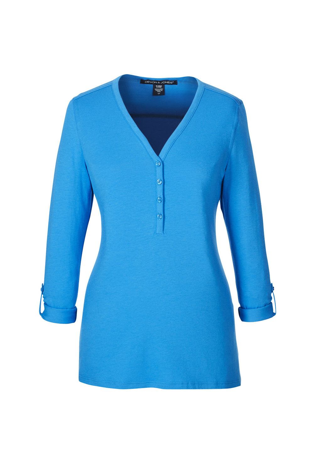 Devon & Jones DP186W Womens Perfect Fit Long Sleeve V-Neck T-Shirt French Blue Flat Front