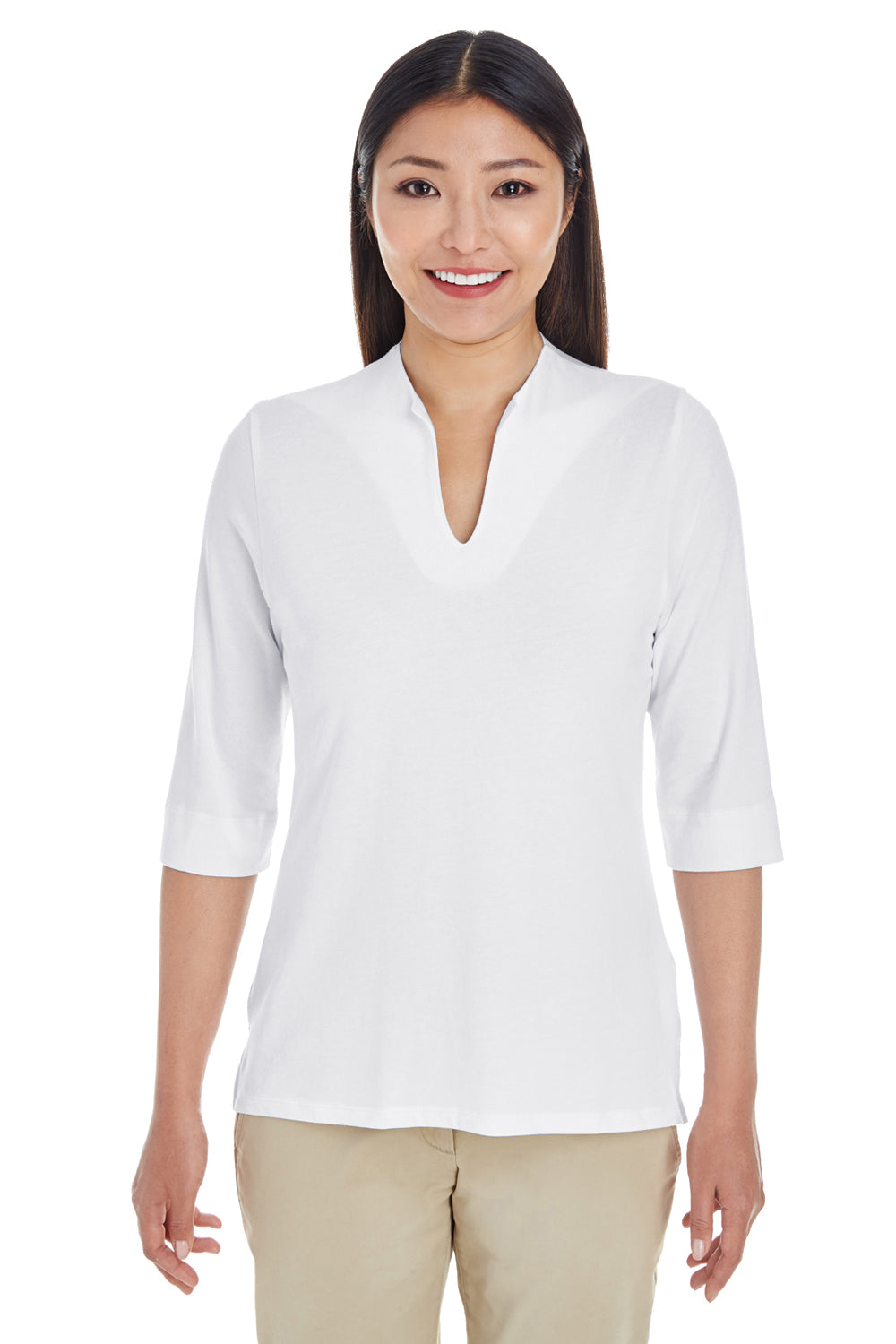 Devon & Jones DP188W Womens Perfect Fit 3/4 Sleeve Polo Shirt White Model Front