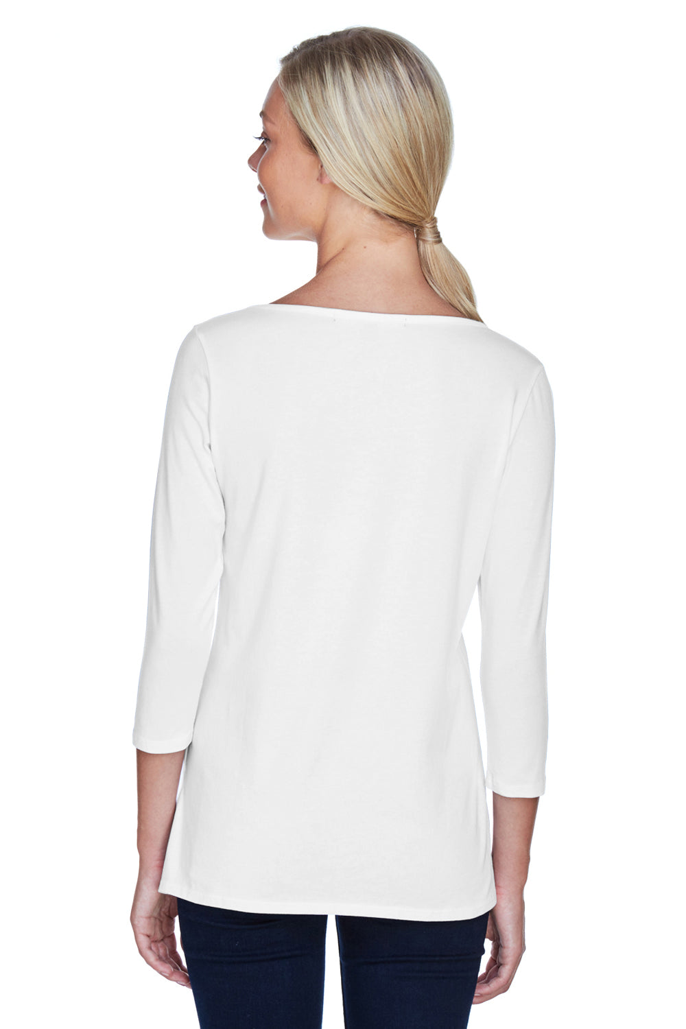 Devon & Jones DP192W Womens Perfect Fit 3/4 Sleeve Wide Neck T-Shirt White Model Back