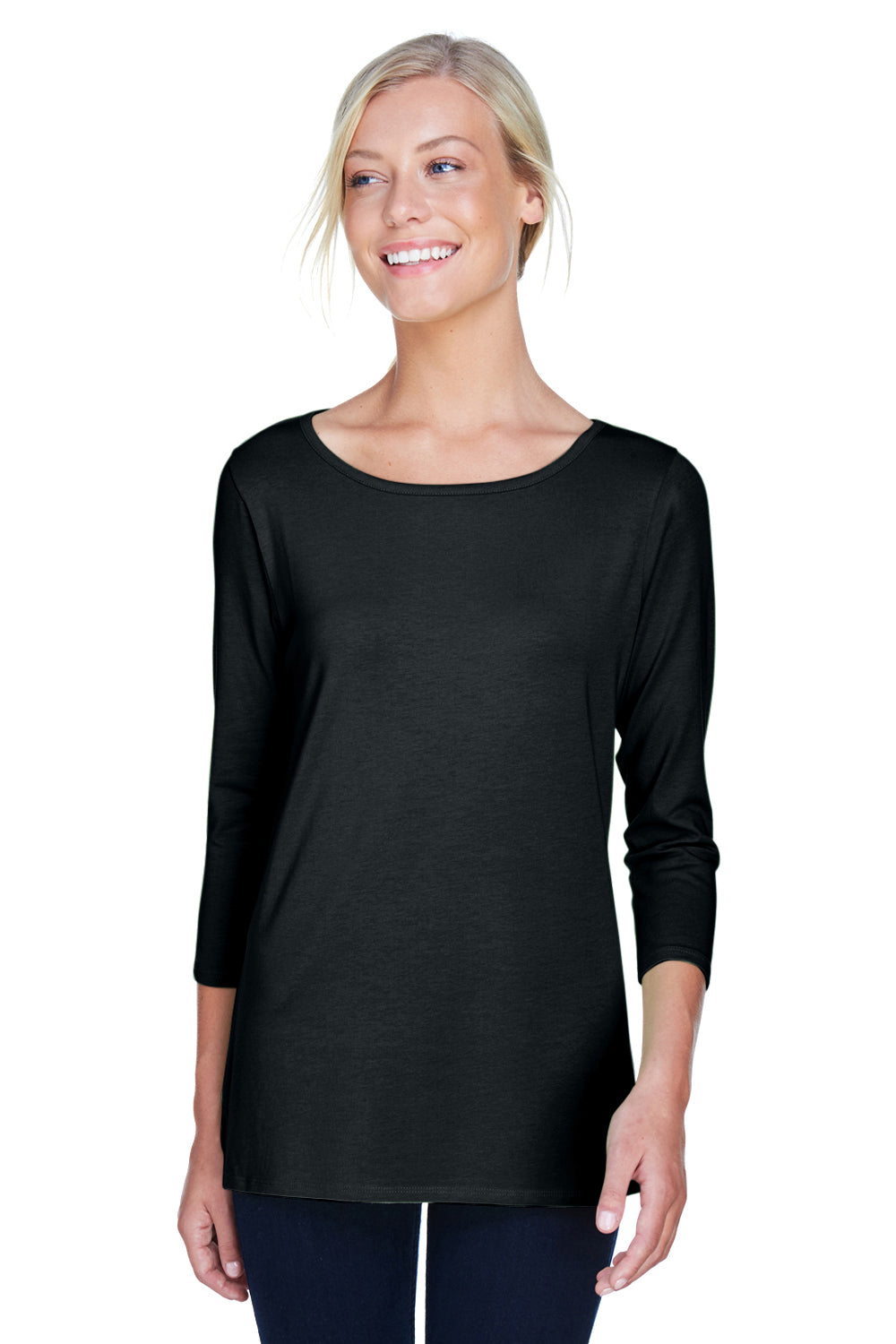 Devon & Jones DP192W Womens Perfect Fit 3/4 Sleeve Wide Neck T-Shirt Black Model Front