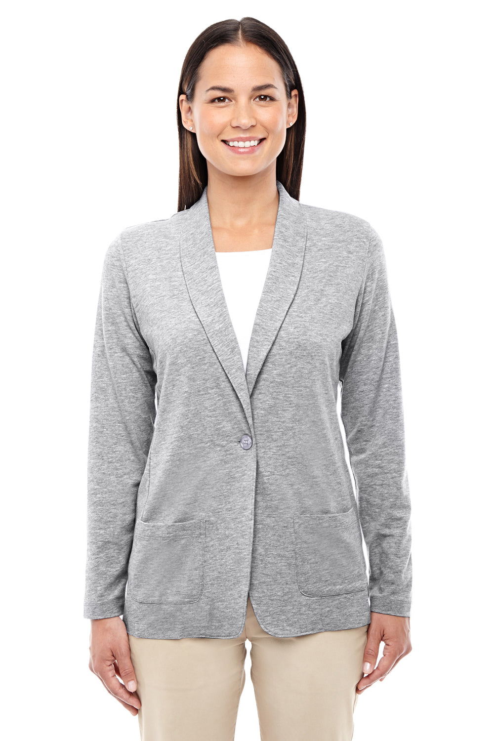 Devon & Jones DP462W Womens Perfect Fit Cardigan Sweater Heather Grey Model Front