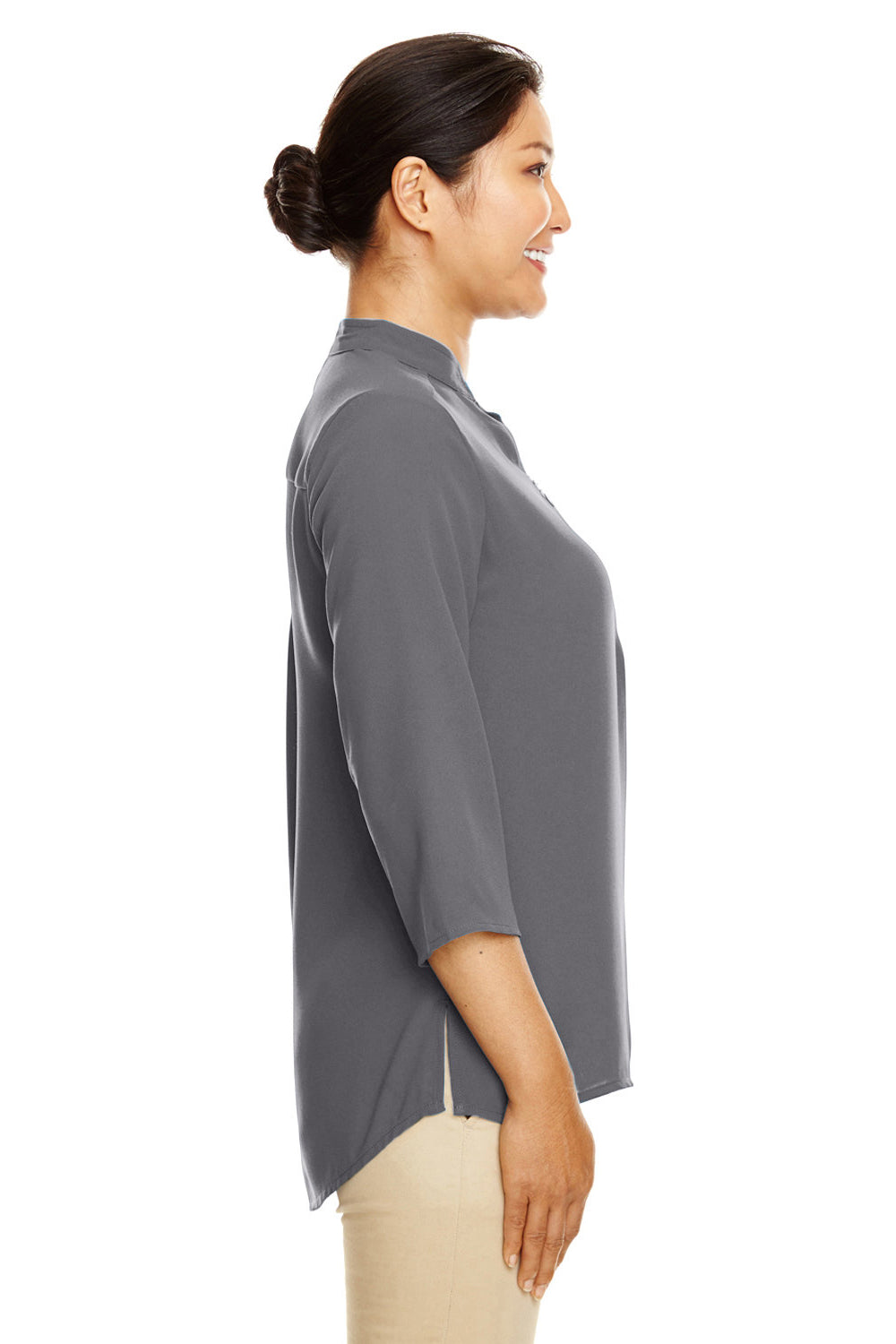 Devon & Jones DP611W Womens Perfect Fit Short Sleeve 1/4 Zip Crepe Tunic Graphite Grey Model Side