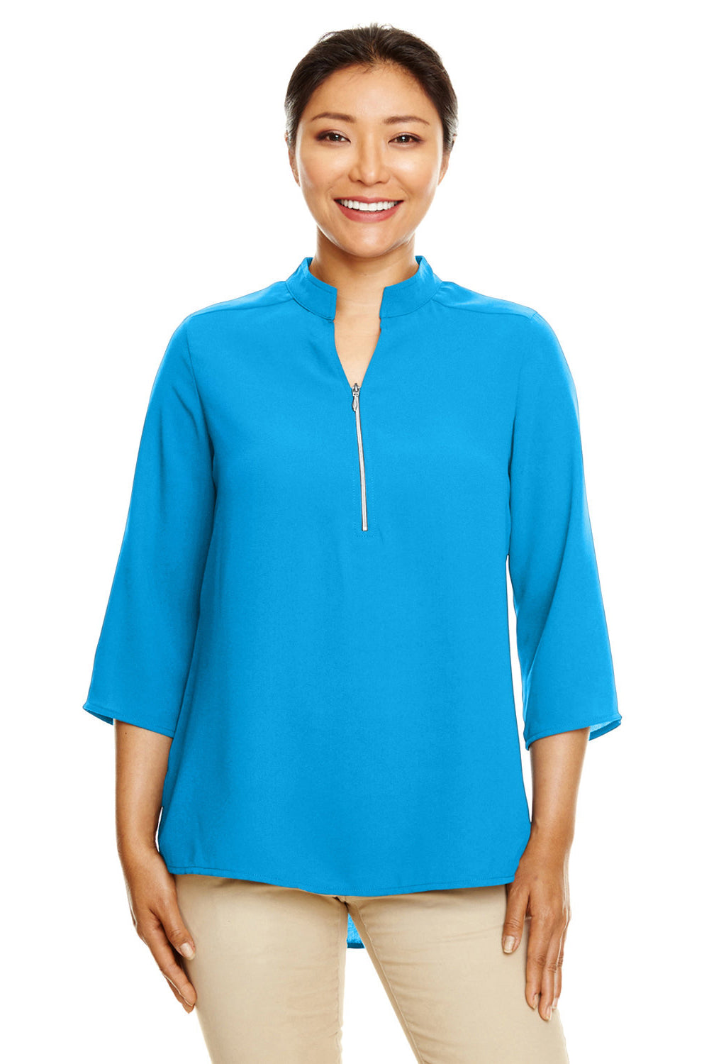 Devon & Jones DP611W Womens Perfect Fit Short Sleeve 1/4 Zip Crepe Tunic Ocean Blue Model Front