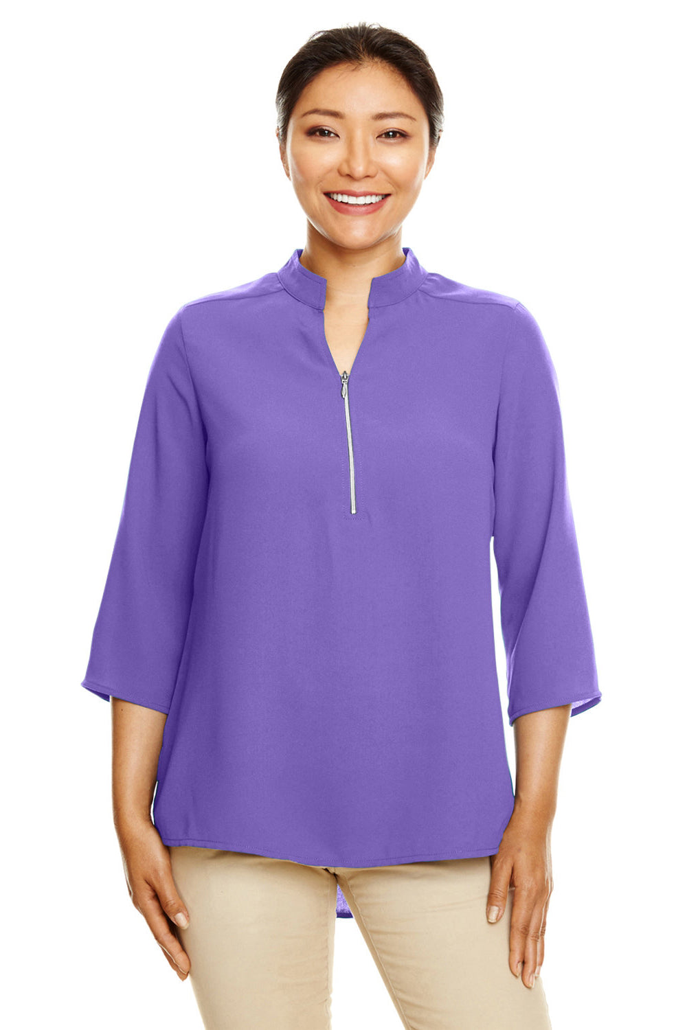 Devon & Jones DP611W Womens Perfect Fit Short Sleeve 1/4 Zip Crepe Tunic Grape Purple Model Front