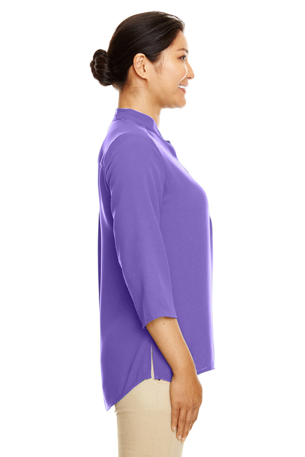 Devon & Jones DP611W Womens Perfect Fit Short Sleeve 1/4 Zip Crepe Tunic Grape Purple Model Side