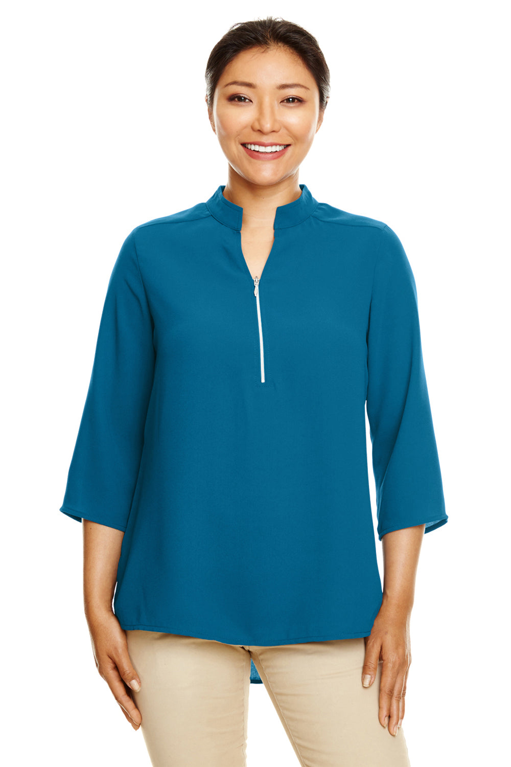 Devon & Jones DP611W Womens Perfect Fit Short Sleeve 1/4 Zip Crepe Tunic Dark Teal Blue Model Front